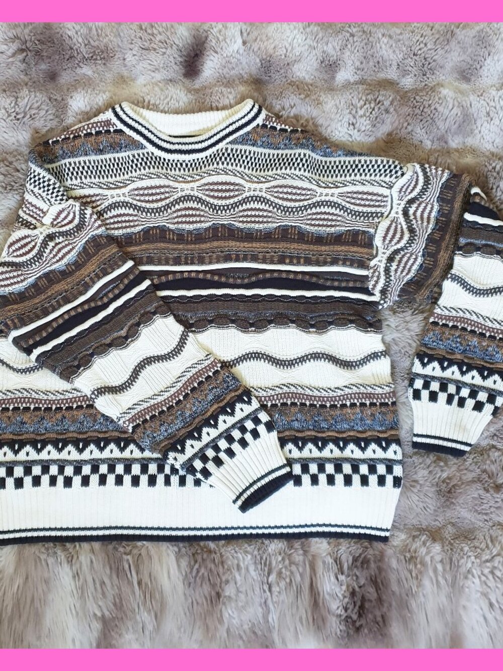 100% Cotton On Men's Sweater 3D Knit Texture Vintage Coogi Style Multi Jumper S